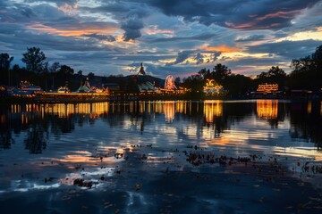 Fototapeta premium Carnival Lights Reflecting on a Calm Lake at Twilight