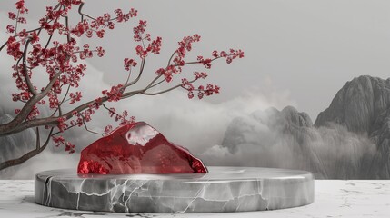 Minimalist e-commerce product presentation background podium, marble booth decorated with flower branches and crystal stone