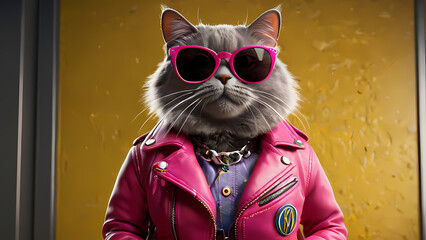 Cat pink jacket sunglasses, cat  in pink leather jacket, hat, and sunglasses