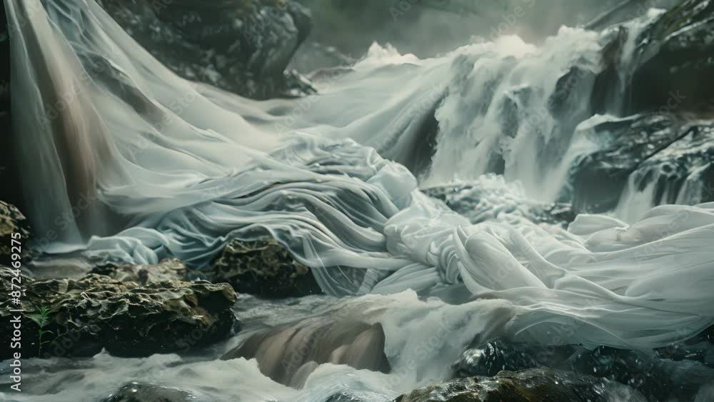 Poster the flowing fabric appears weightless above the roaring mountain stream creating a sense of tranquil