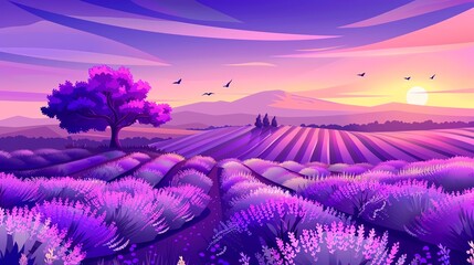 Vivid purple lavender fields at sunset with a tree and mountains in the background, birds flying in the colorful sky.