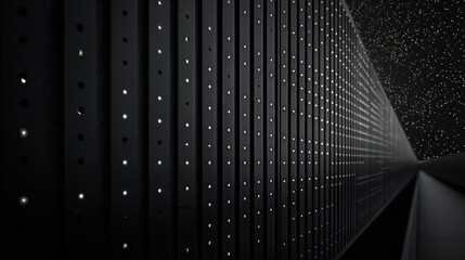 sleek fence crafted from dark metal sheets, each sheet punctured with small, round holes for a starry sky effect