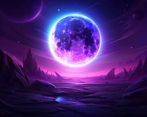 A mesmerizing sci-fi landscape with a glowing purple moon over a rocky terrain, embodying a vibrant alien world aesthetic.