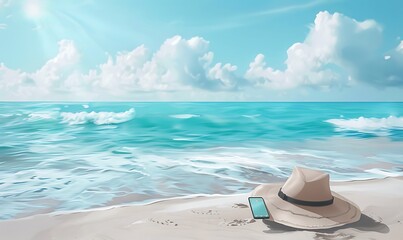Obraz premium Serene Seaside A tranquil beach with a wide-brimmed hat, gentle waves, and a smartphone ready for a photo