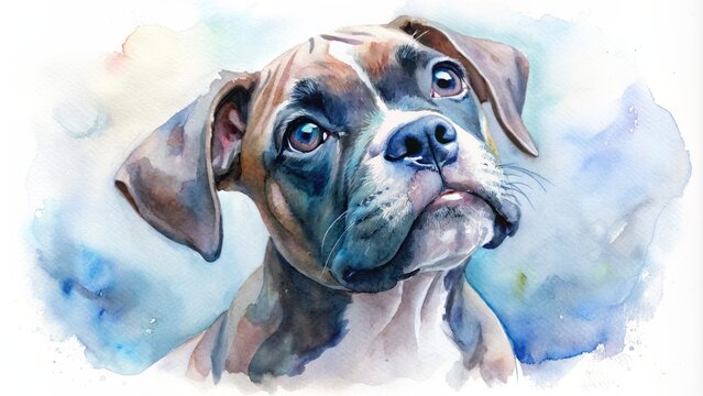 Close-up of a watercolor Boxer puppy looking up isolated on white background.