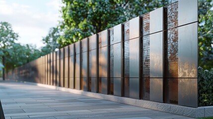 sleek, modern fence with panels that alternate between smooth metal and textured metal, providing a visual and tactile experience