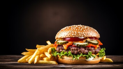 hamburger and french fries on black wooden background