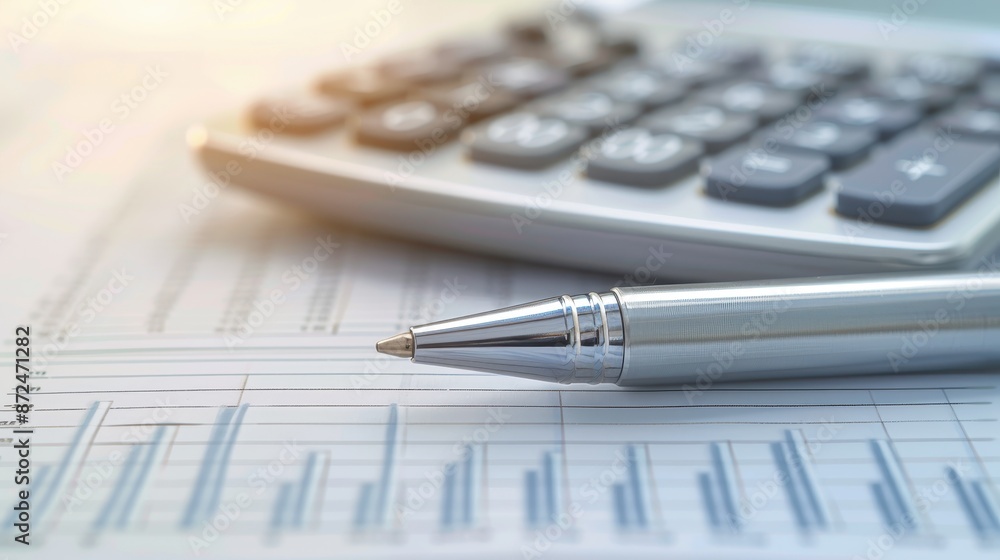 Poster a silver pen sits on top of a calculator and a sheet of paper with numbers on it
