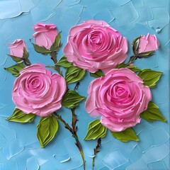 Vibrant textured oil painting of pink roses with green leaves on a blue background, showcasing artistic brushwork and vivid colors.
