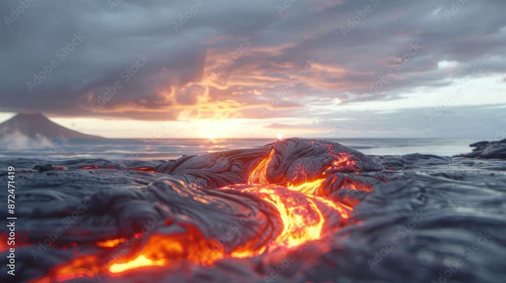 Poster a lava flow is seen in front of a mountain and the sun is setting