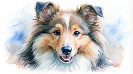 Close-up of a watercolor Shetland Sheepdog puppy with a happy expression isolated on white background.