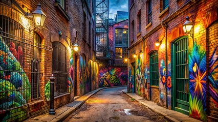 Fototapeta premium Vibrant urban alleyway featuring colorful abstract graffiti murals on worn brick walls, old rusty gates, and dimly lit street lamps.