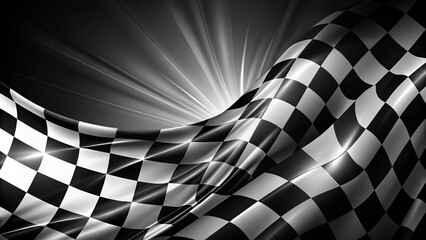 Dynamic black and white checkered racing flag background with abstract geometric pattern and ample space for text overlay.