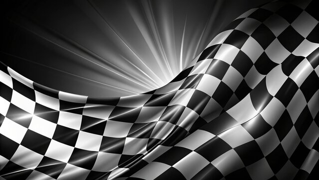 Dynamic black and white checkered racing flag background with abstract geometric pattern and ample space for text overlay.