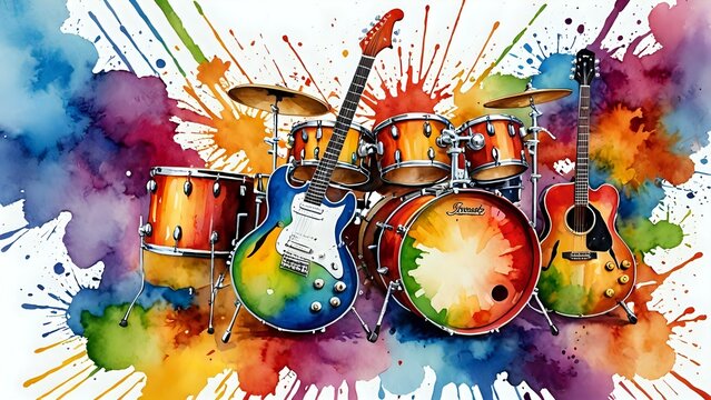 A watercolor painting of a drum set and two guitars with colorful paint splatters in the background.