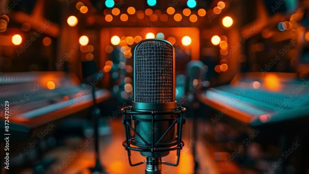 Poster this microphone in a recording studio. podcast and streaming concept