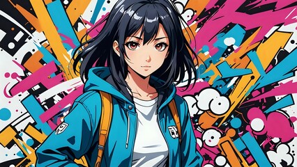 Anime girl with black hair in a blue hoodie against a colorful graffiti background.