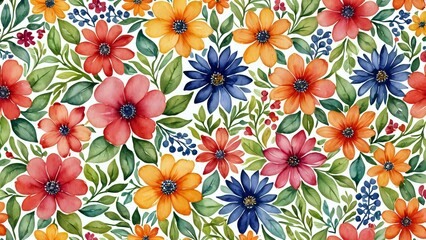 Watercolor floral pattern with red, orange, and blue flowers.