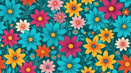 Vibrant floral pattern with various colored flowers on teal background.