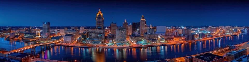 Obraz premium Panoramic view of Houston, Texas skyline at night with illuminated skyscrapers reflecting on serene water, showcasing urban beauty and architecture