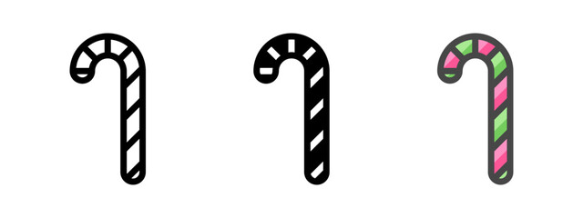 Multipurpose candy cane vector icon in outline, glyph, filled outline style. Three icon style variants in one pack.