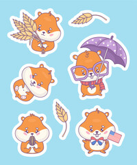 Cute cartoon hamsters stickers. Rodent with ears of wheat, animal gnaws seed, festive with American flag and glasses under umbrella. Isolated funny kawaii character. Vector illustration. Kids