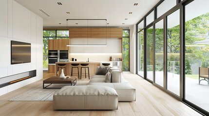 Naklejka premium Spacious modern open plan living room and kitchen with light wood cabinets, white walls, and inviting ambiance.