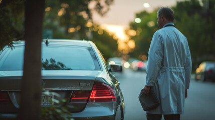 Male wearing white coat strolling on street