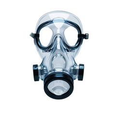 Transparent Full-Face Respirator Gas Mask on Black Background