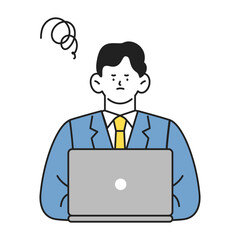ノートパソコンを使うネガティブな表情のビジネスパーソンの男性イラスト