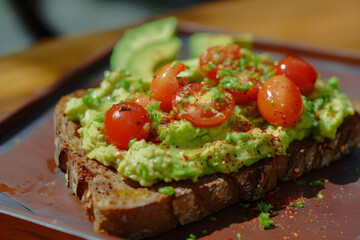Toast topped with mashed avocado, cherry tomatoes, and a sprinkle of red pepper flakes