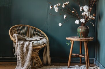 Cozy living space with rattan chair and beige blanket next to wooden table and green wall, featuring vase of cotton flowers and natural decorations 