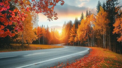 Obraz premium Curving Road Through a Golden Forest