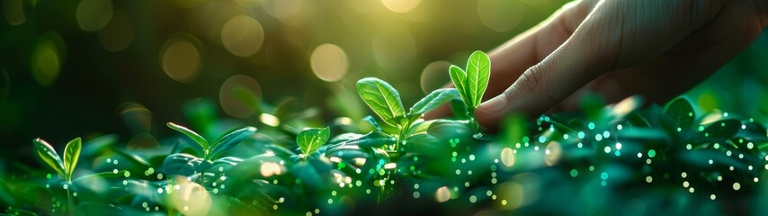 A hand touching green plants growing on digital graphs and charts, symbolizing growth in the financial industry. The background is blurred with soft lighting to emphasize human interaction 