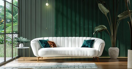 Fototapeta premium Modern Cozy Living Room with White Sofa and Green Walls, Interior Design Scene
