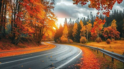 Fototapeta premium Autumn Road Winding Through Forest