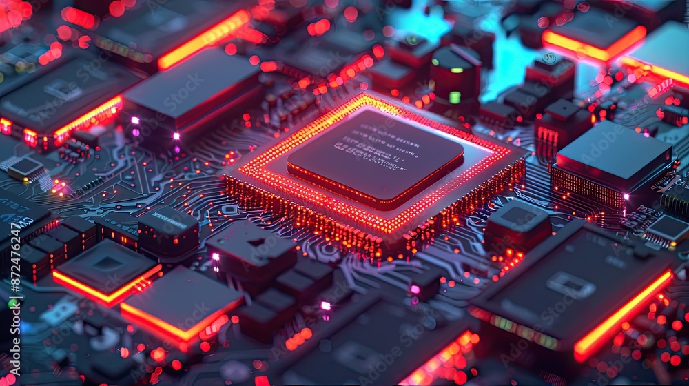 Poster close-up of a computer motherboard with glowing red leds
