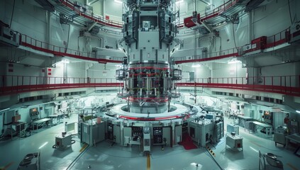 Photo of an experimental nuclear reactor. The machine is inside a circular building with white walls and a steel frame structure.