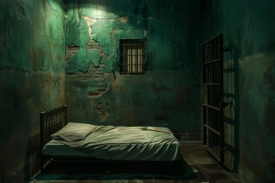 an old prison cell with bars and a bed