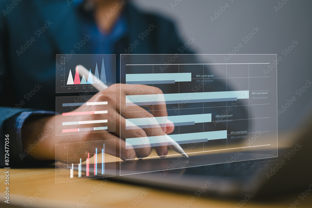 Aufkleber Analyst working in Business Analytics and Data Management System to make report with KPI and metrics connected to database. Corporate strategy for finance, operations, sales, marketing.