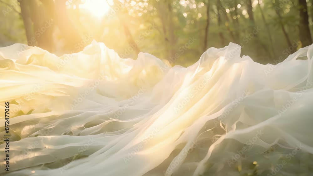 Poster layers of tulle fabric dance in the wind creating a soft and ethereal scene in the sunlit forest.