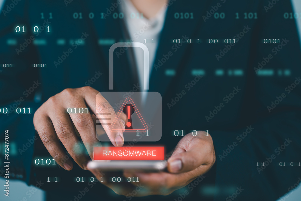 Poster Malware attack virus alert. Person use smartphone with virtual warning sign with ransomware word. Warning notification, Cyber threats.