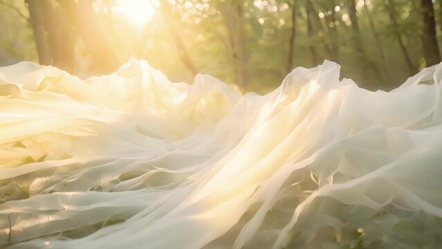Layers of tulle fabric dance in the wind creating a soft and ethereal scene in the sunlit forest.