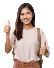 Asian woman gives a thumbs up and smiles brightly on a transparent background PNG