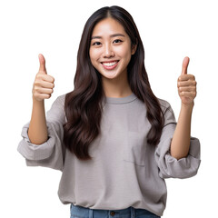 Asian woman gives a thumbs up show appreciation and smiles brightly on a transparent background PNG