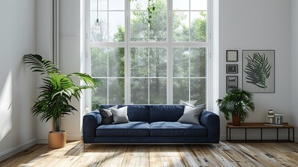 A minimalist living room showcasing a navy blue sofa, medium-range, white walls, large windows, wooden floor, indoor plant, artistic decor. High quality picture resolution 4K sharp focus and clear