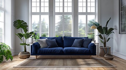 A minimalist living room showcasing a navy blue sofa, medium-range, white walls, large windows, wooden floor, indoor plant, artistic decor. High quality picture resolution 4K sharp focus and clear
