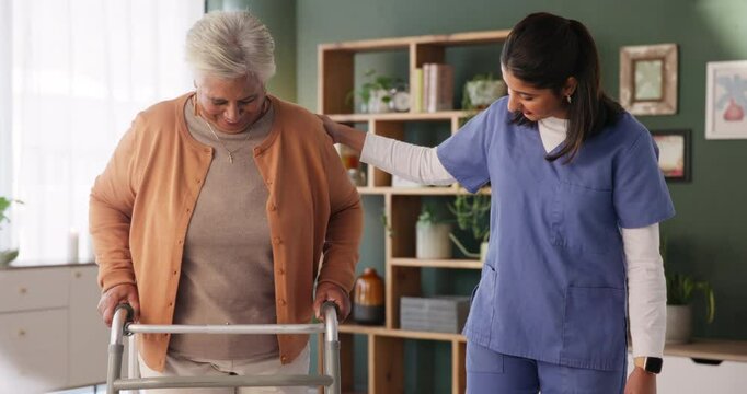 Walking frame, nurse and senior woman in living room at retirement home for rehabilitation. Medical, consultation and caregiver with elderly female patient for healthcare treatment in lounge at house