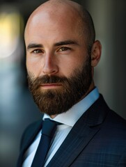 an attractive bald and beard man wearing suit professional portrait profile picture