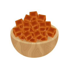Vector illustration logo Clip art Cube Butterscotch Caramel candies on a wooden bowl